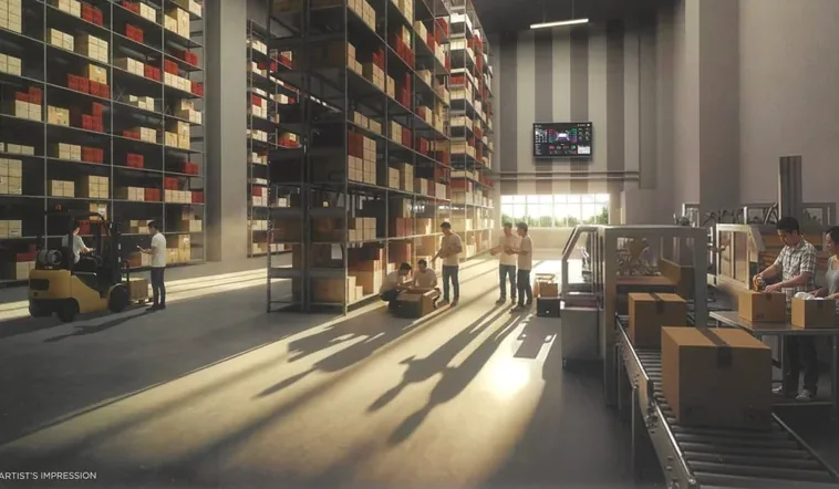 Spacious high-ceiling industrial unit interior at SKYE @ TUAS with high-bay racking