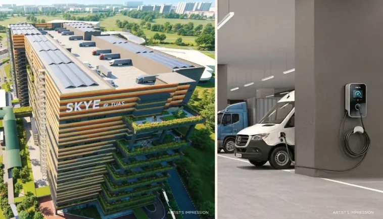 Rooftop solar panels and heavy-vehicle decks at SKYE @ TUAS